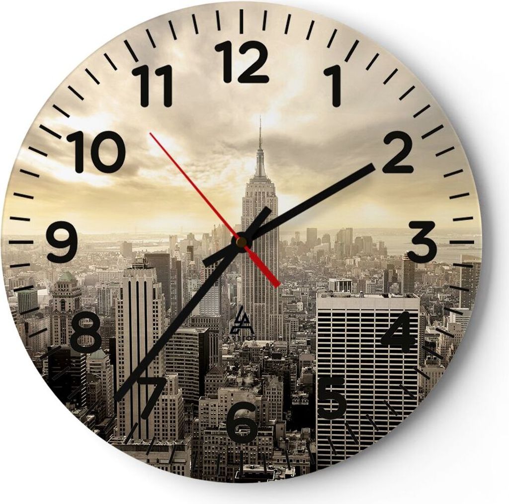 Wanduhr - Rund - Glasuhr - Stadt Wolkenkratzer Manhattan New York - 30x30cm - Schleichendes Uhrwerk - Lautlos - zum Aufhängen bereit - Dekoration ...