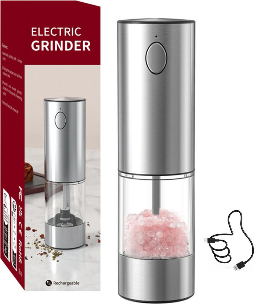 Elektrische Salz- und Pfeffermühle, wiederaufladbar, USB, One-Touch, automatische Mahlwerkzeuge, einstellbare Dicke, LED-Licht, Kräuterzerkleiner...