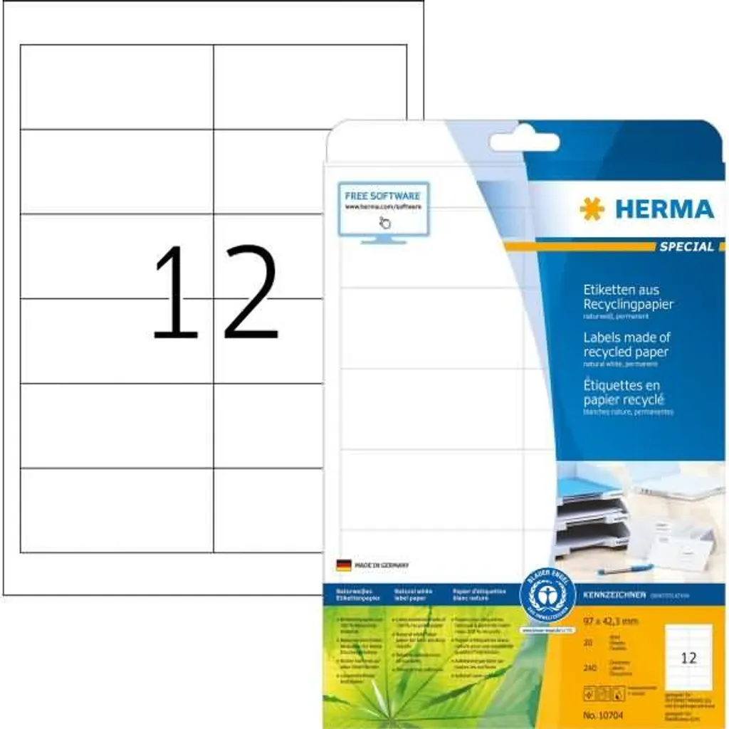 HERMA 10704 Etichette universali HERMA per il riciclaggio, 97 x 42,3 mm, 20 fogli