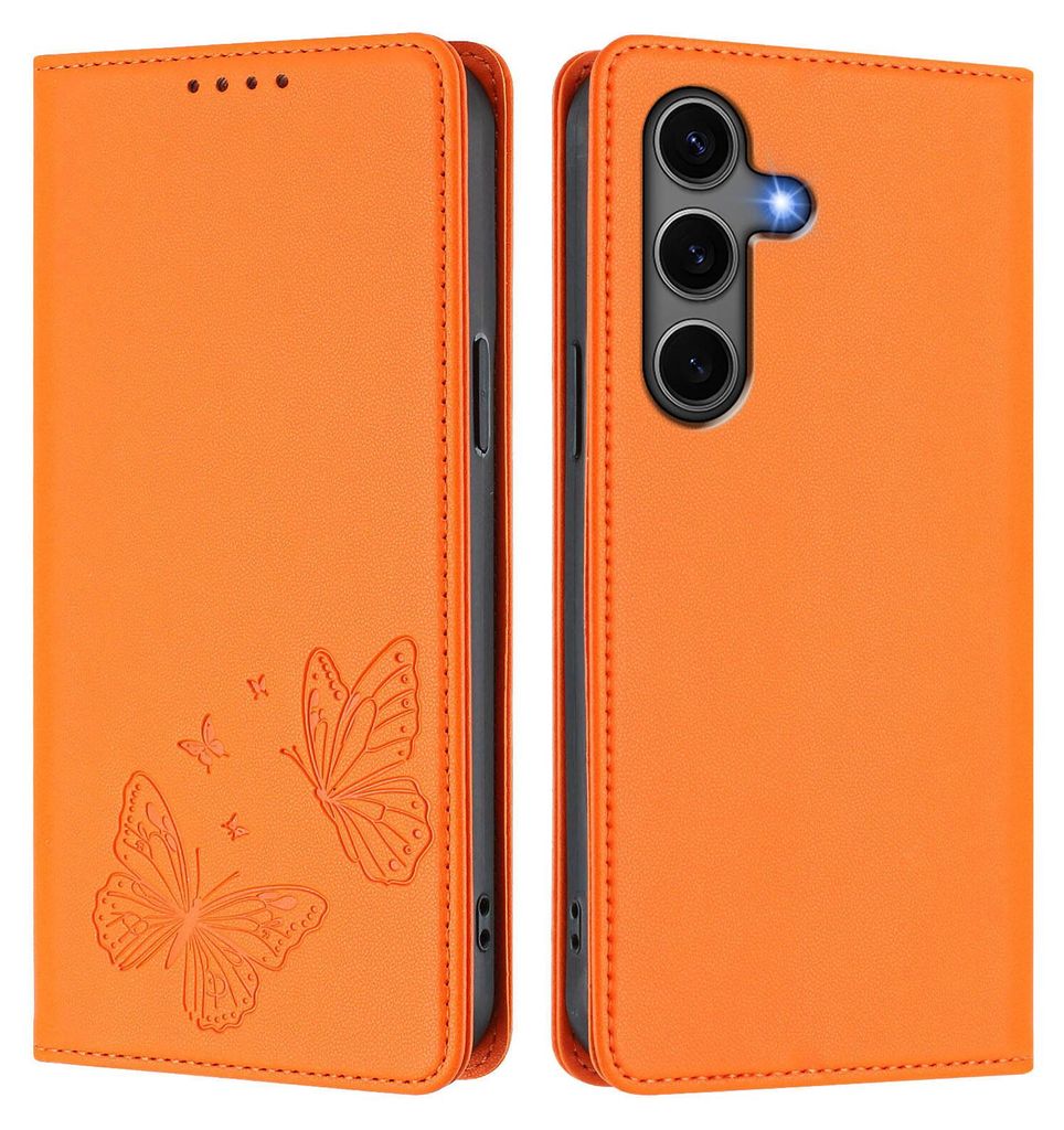 Lederhülle für Samsung Galaxy S25+ / S24+, Schmetterling Prägung Leder Brieftasche Schutzhülle mit Ständer Orange
