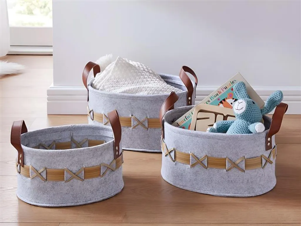 Panier en Feutre Gris pour Rangement Maison - Corbeille Déco Ovale Set x3