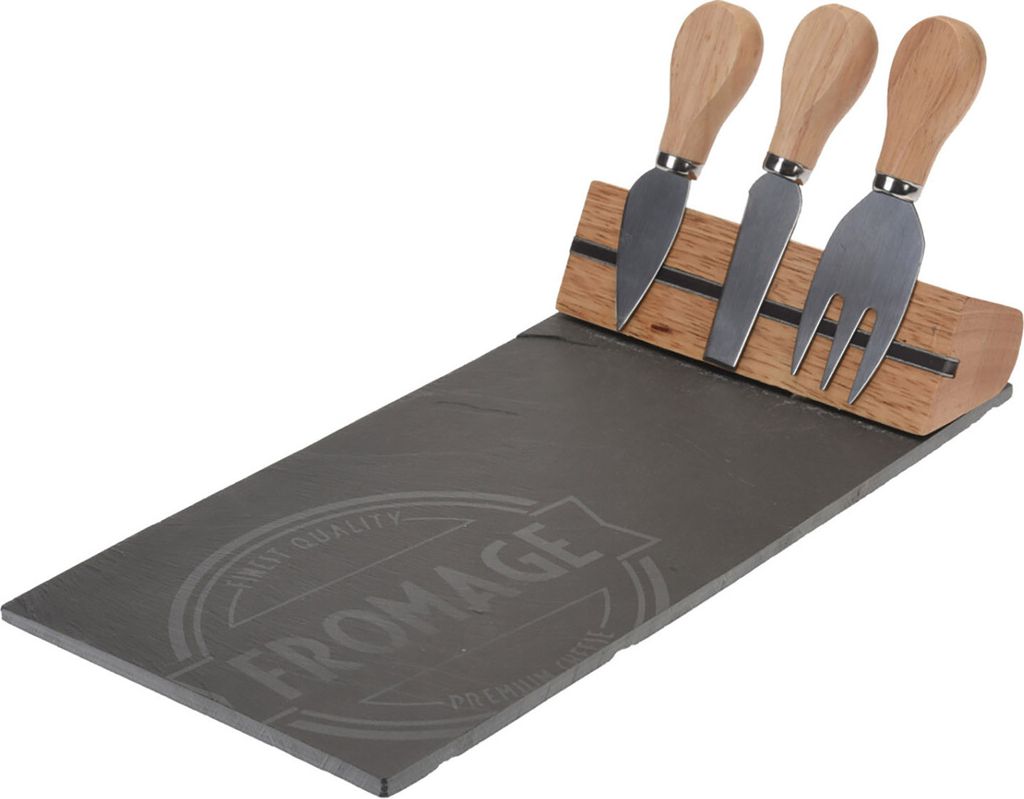 Käse Schneidebrett mit Besteck - ca. 30 x 15 cm - Schiefer / Bambus