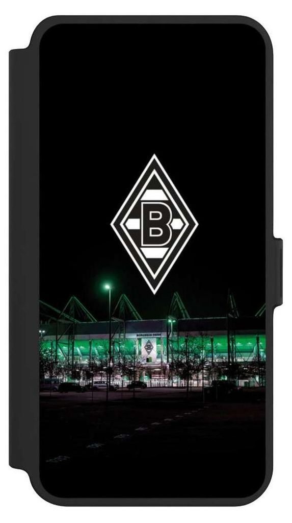 NIVOCASE Klapphülle für Samsung Galaxy S25+ Handyhülle aus Kunst Leder NIVOflip schwarz Borussia Mönchengladbach Offizielles Lizenzprodukt Stadion