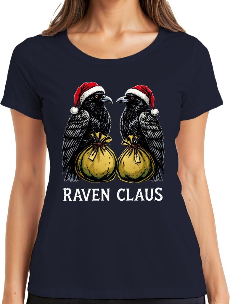 Raven Claus Raben Weihnachten Santa Hat Geschenke Gothic Damen T-Shirt, Navy, S