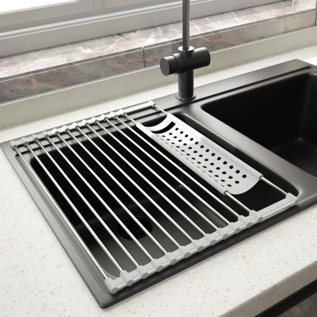 Égouttoir pliable gris pour petit évier - Inox robuste 43x32,5 cm