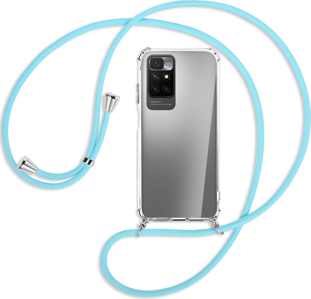 Handykette Backcover-Schutzhülle mit Band (Metall silberfarben) für Xiaomi Redmi 10 - himmelblau