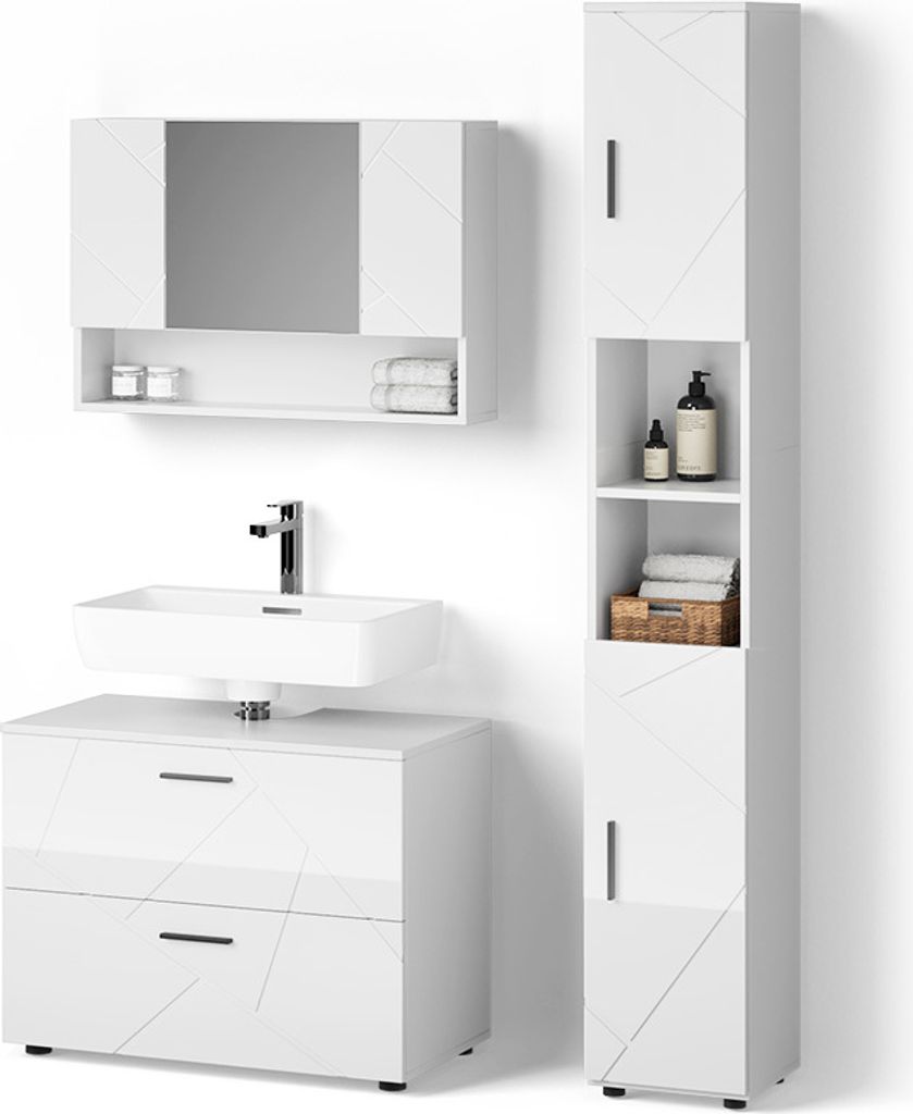 Badmöbel-Set Livinity Ronco Weiß Hochglanz 3 Teile, mit Spiegelschrank 80 cm, Model 52728