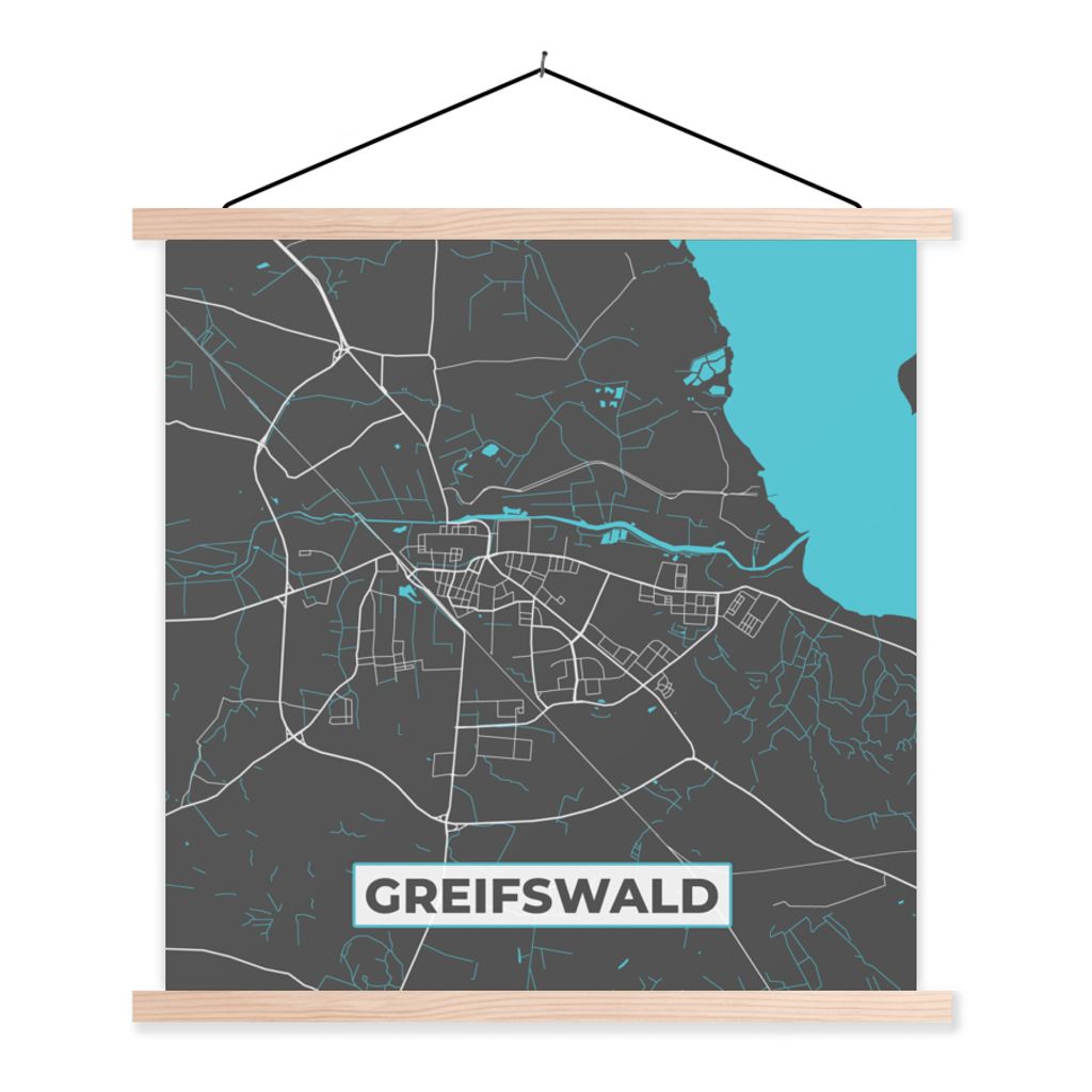 MuchoWow Textilposter Deutschland - Blau - Greifswald - Stadtplan - Karte 120x120 cm mit holzfarbenen Rahmen - Textil-Poster