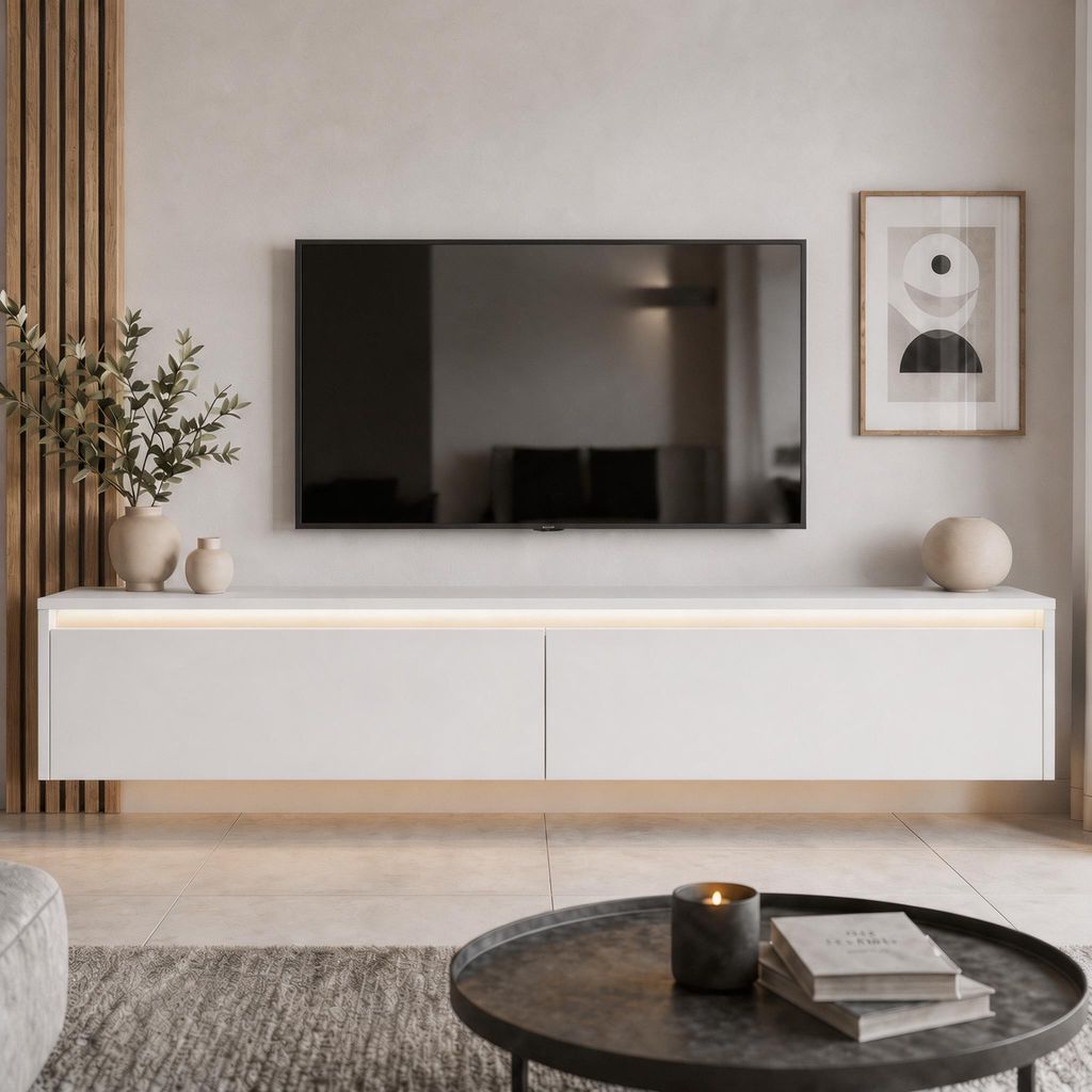 Modernes TV-Lowboard LUMI 170 cm in Weiß - Hängender Produktbild 