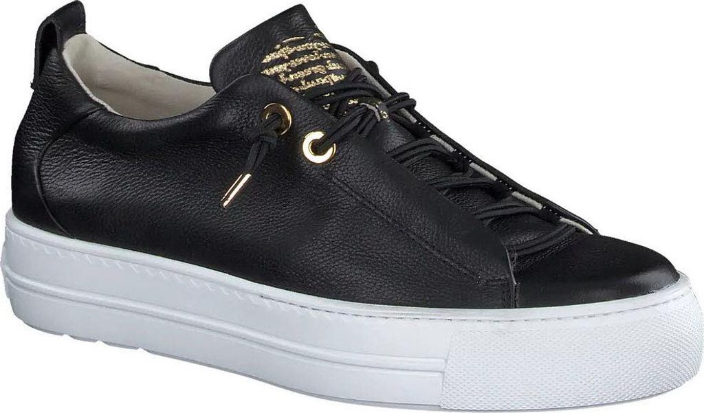 A studio shot of a single black leather sneaker with a white platform sole.