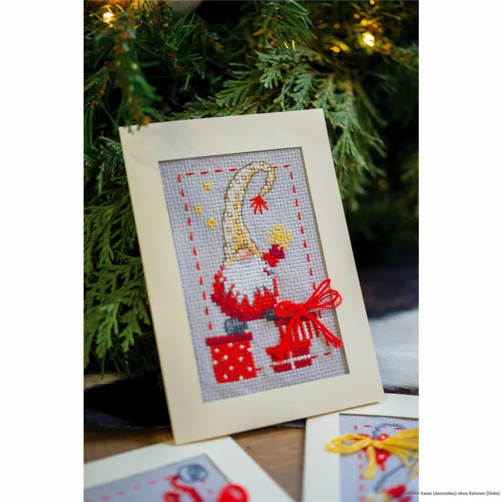 Set 3 Biglietti Natale Gnomi Vervaco - Ricamo Punto Croce Contato - 7