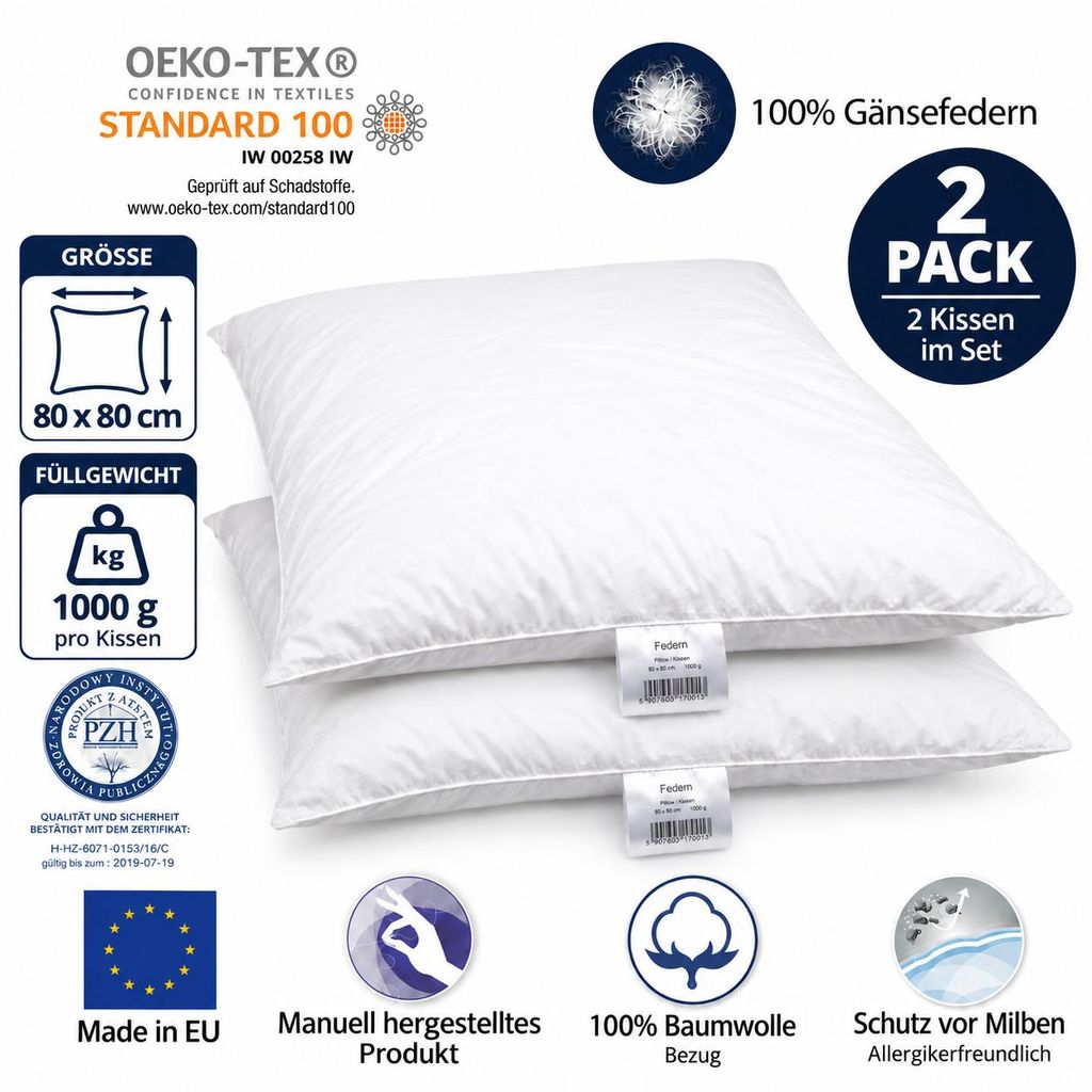 2er Set Federkissen 80x80 cm 1000 Gramm – Kopfkissen mit Produktbild 