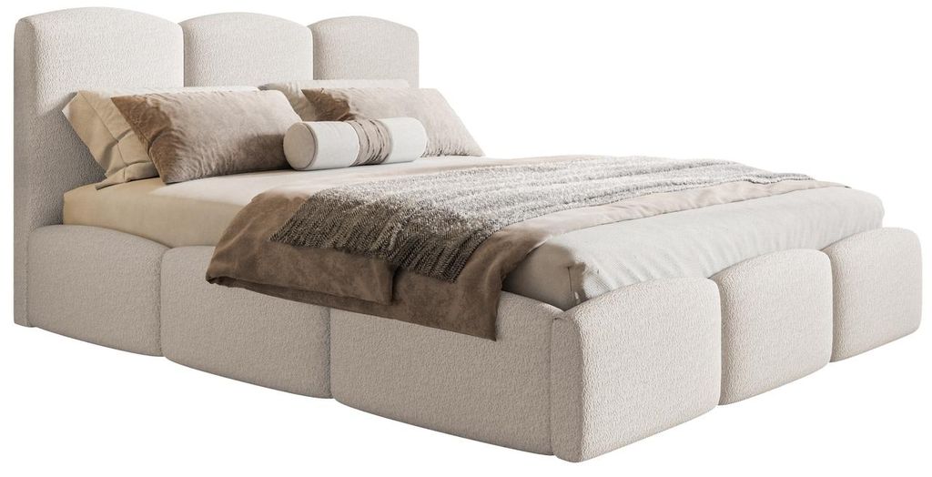 Polsterbett 200x200 Roma Slim mit Bettkasten - dickem Schaumstoff, Metall Lattenrost - Bouclé Creme