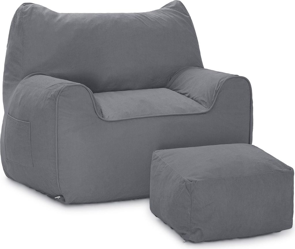 A gray beanbag chair with armrests and a matching ottoman, presented against a white background.