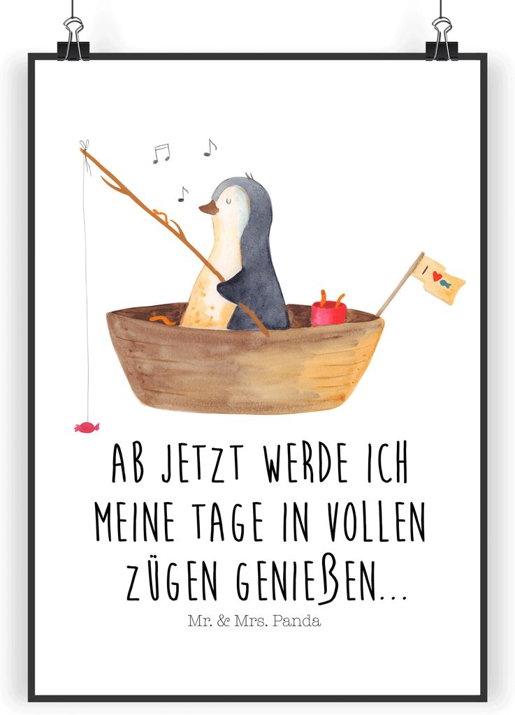 Mr. & Mrs. Panda Bild Pinguin Angelboot DIN A5 - Weiß - Geschenk, drucke, Trennung, Angeln, Motivation, Wanddekoration, Wandbild, wanddeko, Optimi...