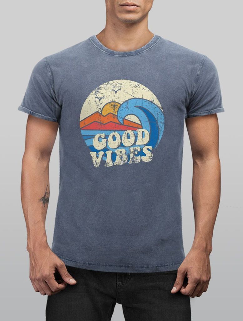 Herren T-Shirt Schrift Good Vibes Welle Hippie Slogan Statement Surf Design Vintage Retro Printshirt Neverless blau XXL