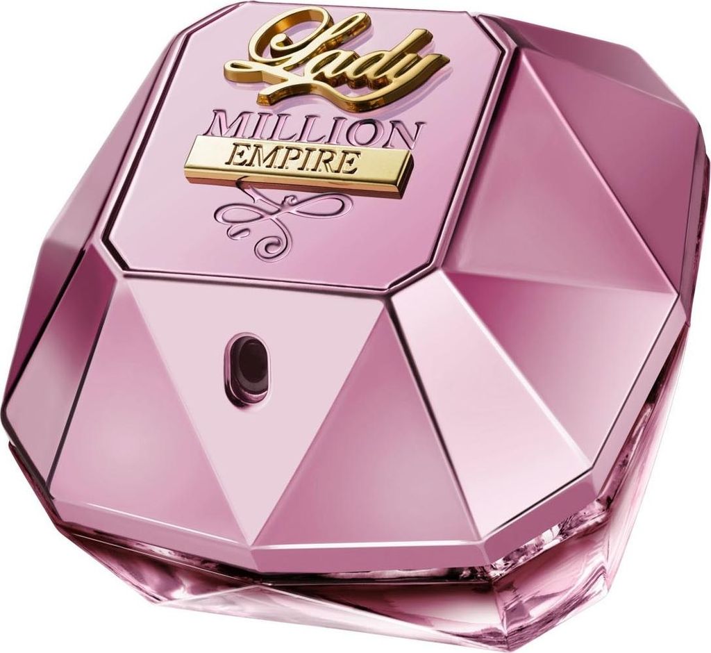 A pink, diamond-shaped perfume bottle with gold lettering.