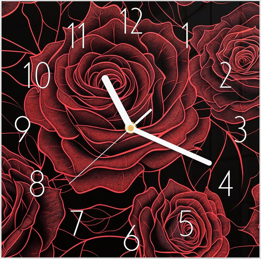 Wanduhr aus Glas mit Motiv Rosenmuster Schwarz- 30 x 30 cm - inkl. Aufhängesystem