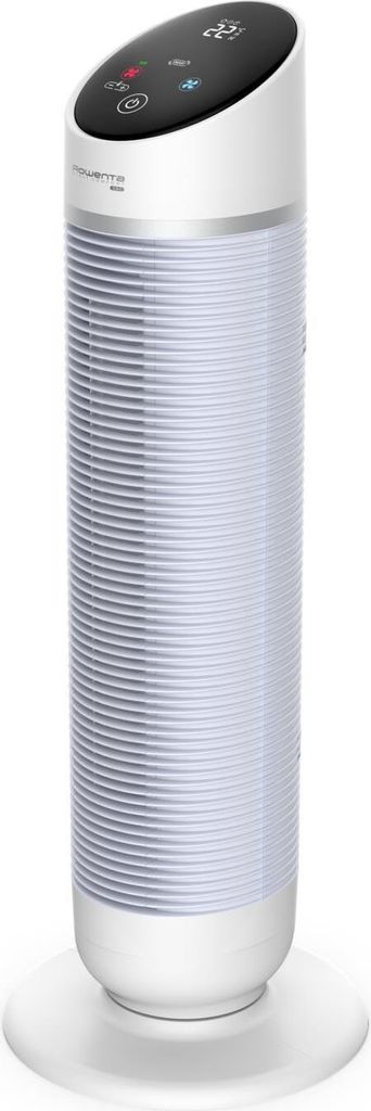 A white cylindrical heater with a black top panel displaying controls and a digital readout.