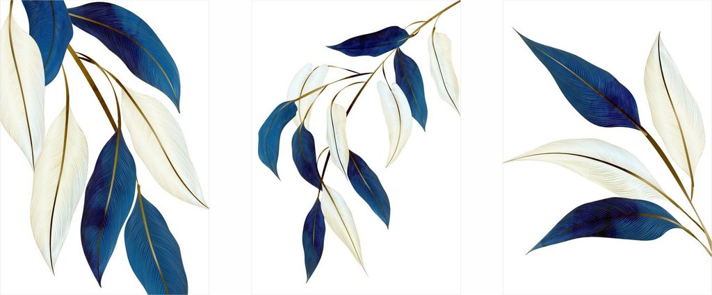 Posterset mit blauen und cremefarbenen Blättern PLN030