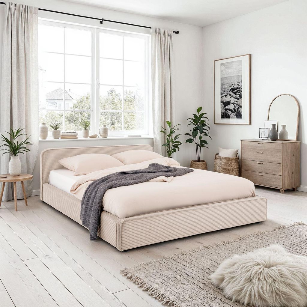A bedroom scene with a bed, dresser, and window.