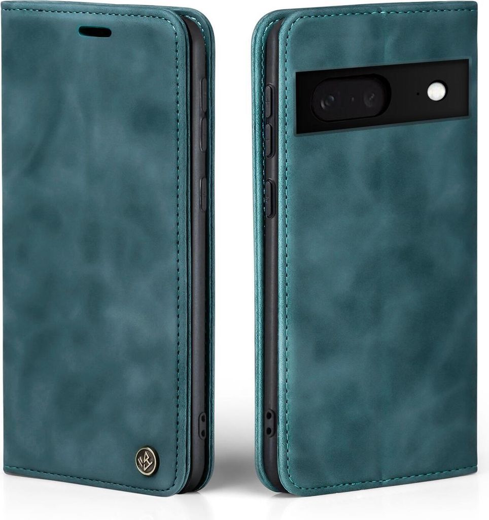 A teal flip-style phone case for a Google Pixel 8 is shown from two angles.