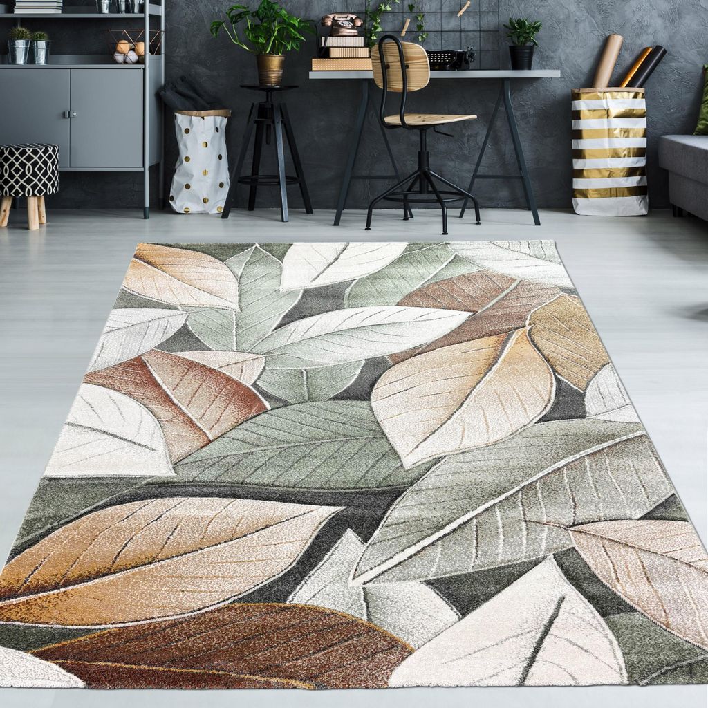 Teppich in Grün mit Blatt-Design – modern & pflegeleicht für Wohn- und Schlafräume Größe - 140 x 200 cm
