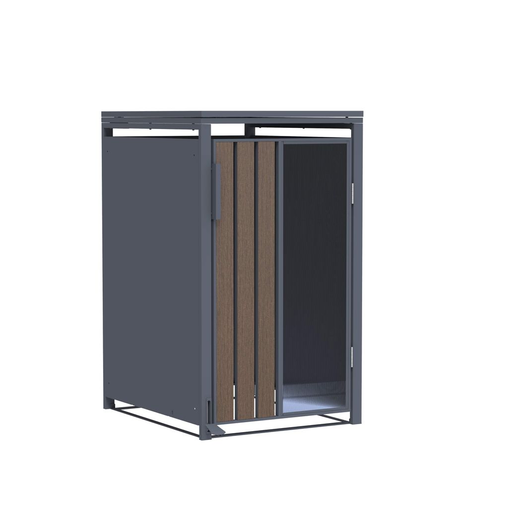 Mülltonnenbox Holzoptik mit Plexiglas für 4 Mülltonnen 240l mit Pedal zum Öffnen und Softclose 68x80x116 mm