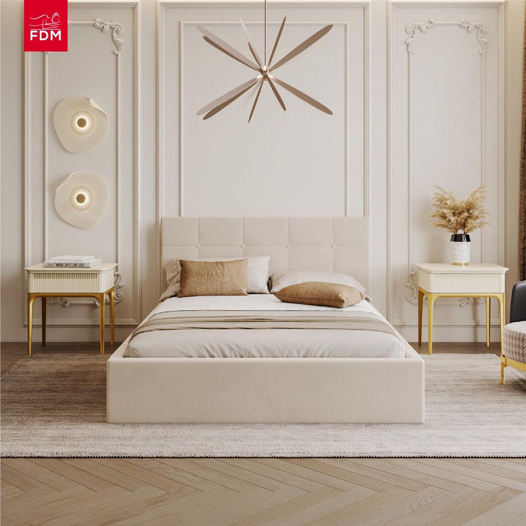 FDM Bett VEGAS Paris 140x200 cm Polsterbett mit Lattenrost aus Metall Bettkasten Stauraumbett Samt creme