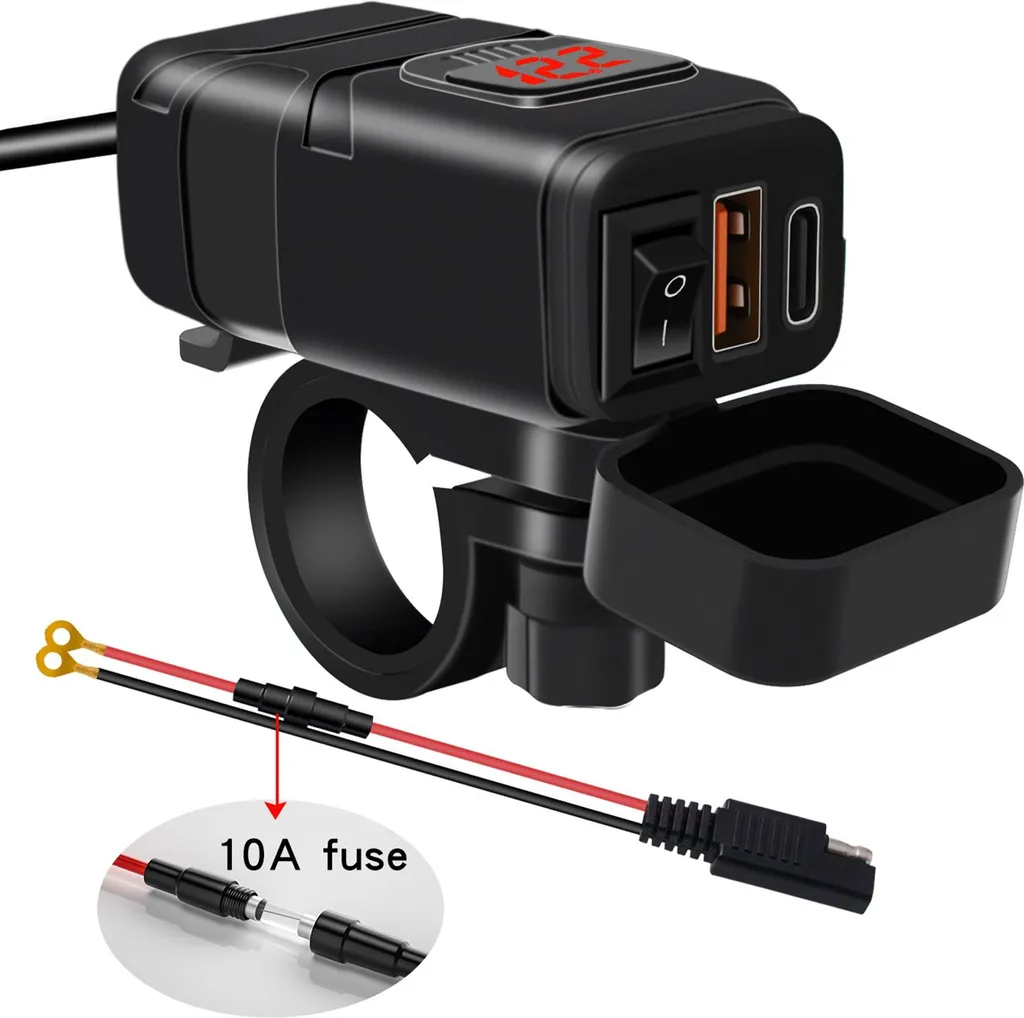 CGEAMDY Caricabatterie USB QC3.0 Per Moto E Auto - Doppia Porta Con Voltmetro E Interruttore, Impermeabile