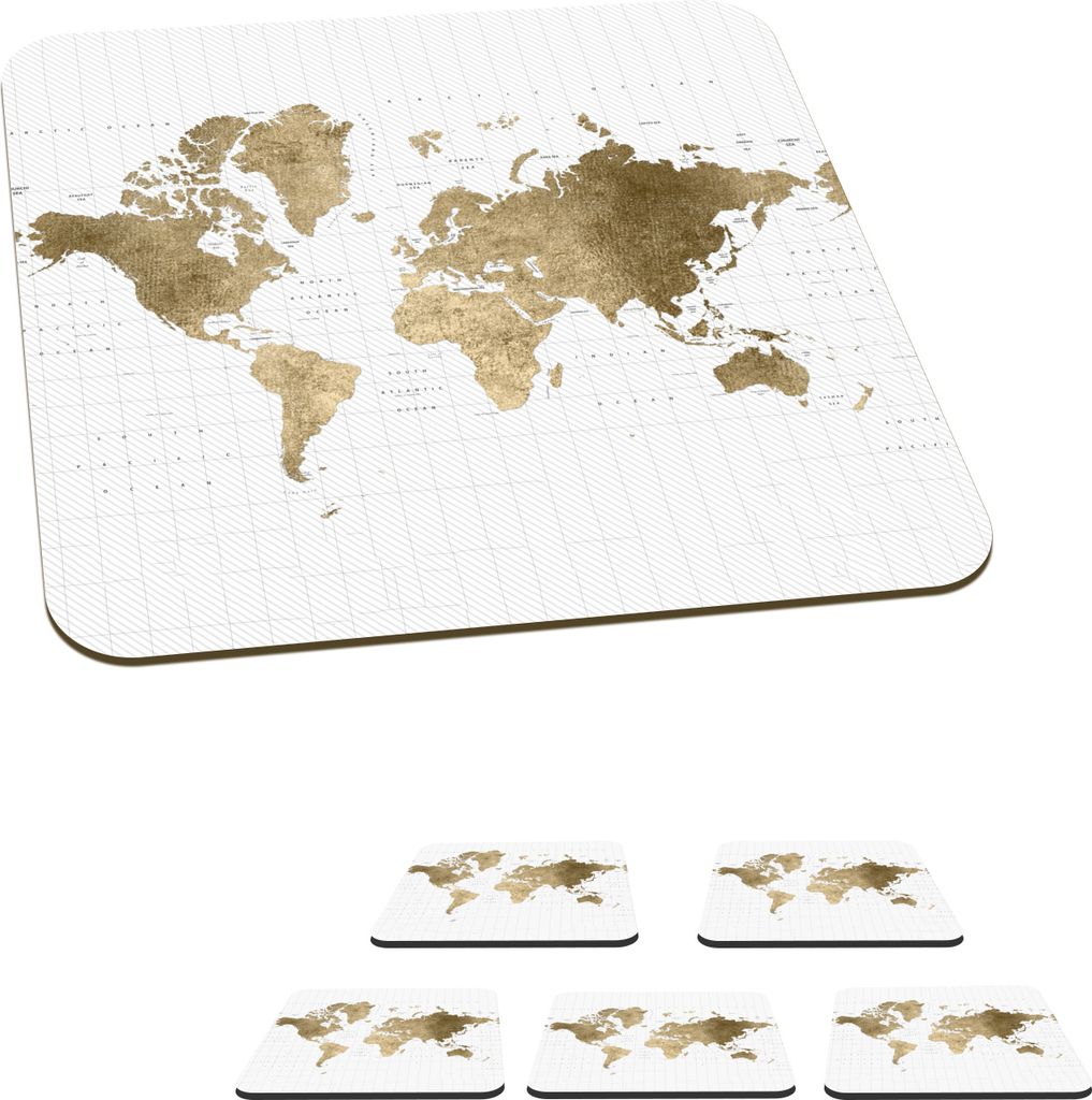 KitchenYeah Glasuntersetzer Quadratisch 6er Set Weltkarte - Glitter - Gold 10x10 cm Untersetzer für Gläser - Getränkeuntersetzer - Tischplatt...