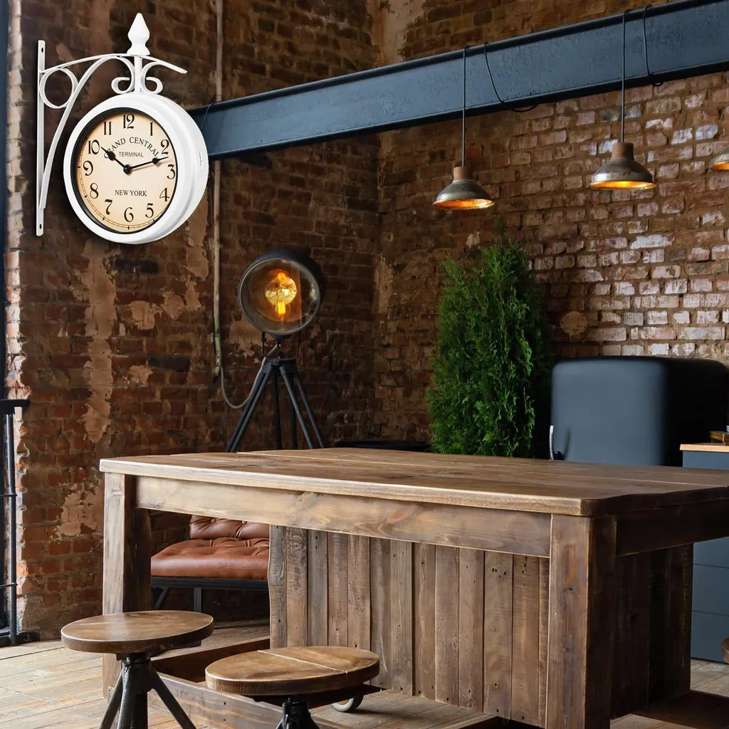 Horloge double face pour intérieur et extérieur déco rétro blanche