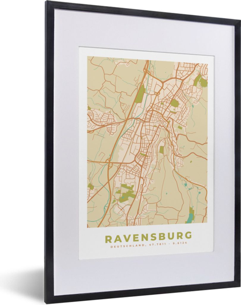 MuchoWow Gerahmtes Poster Ravensburg - Stadtplan - Vintage - Karte 30x40 cm - Poster mit Schwarzem Bilderrahmen Wandposter Rahmen Foto Bilder - W...