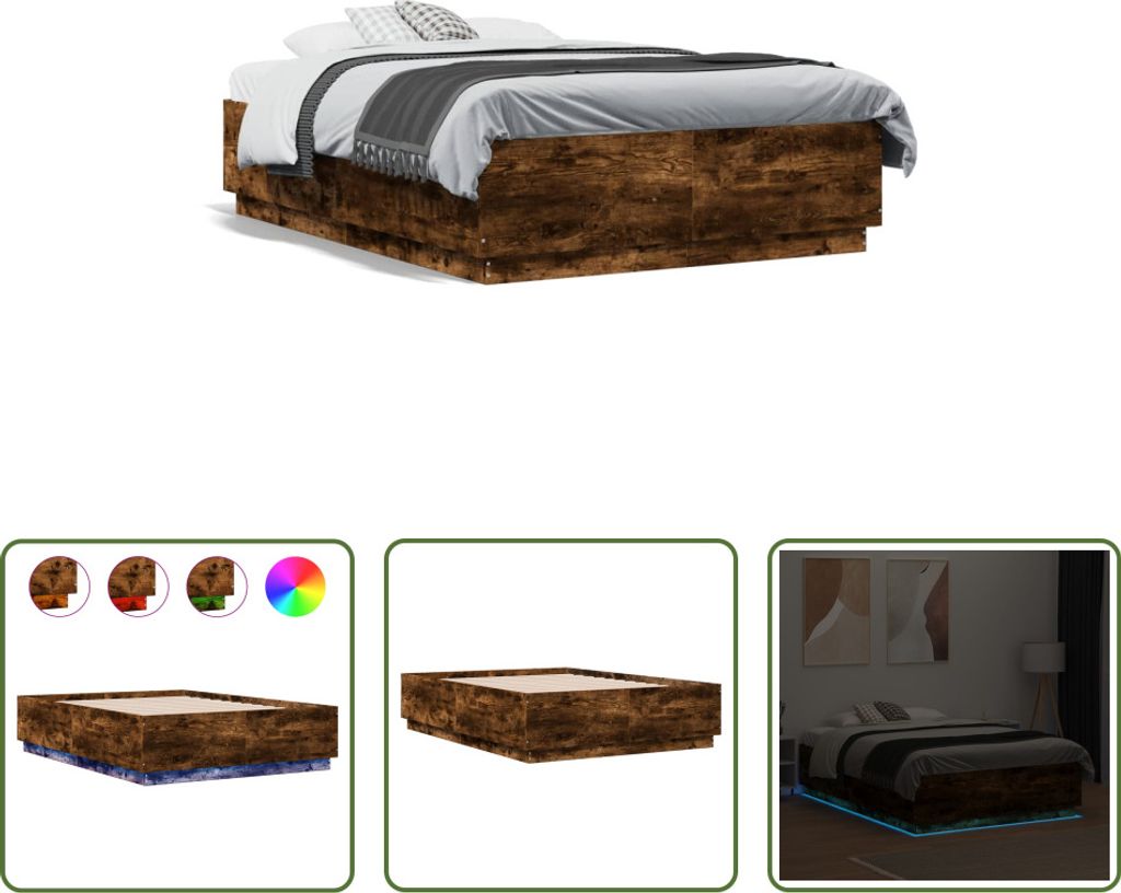 The Living Store Bettgestell mit LED Räuchereiche 120x190 cm Holzwerkstoff