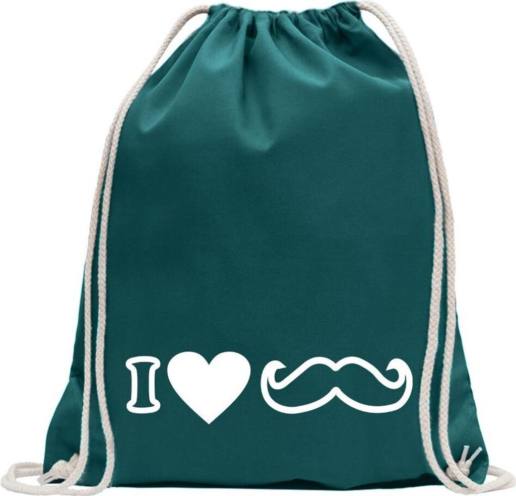 Kiwistar - Turnbeutel - petrol - I Love Mustache - Fun Rucksack Sport Beutel Gymsack Baumwolle mit Ziehgurt