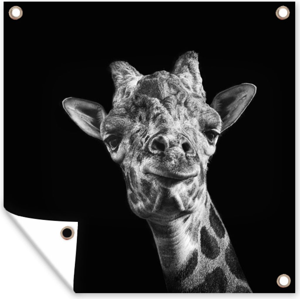 MuchoWow 100x100 cm Outdoor-Poster Gartendeko Sichtschutz Garten Poster für den Garten Giraffe vor schwarzem Hintergrund in schwarz und weiß