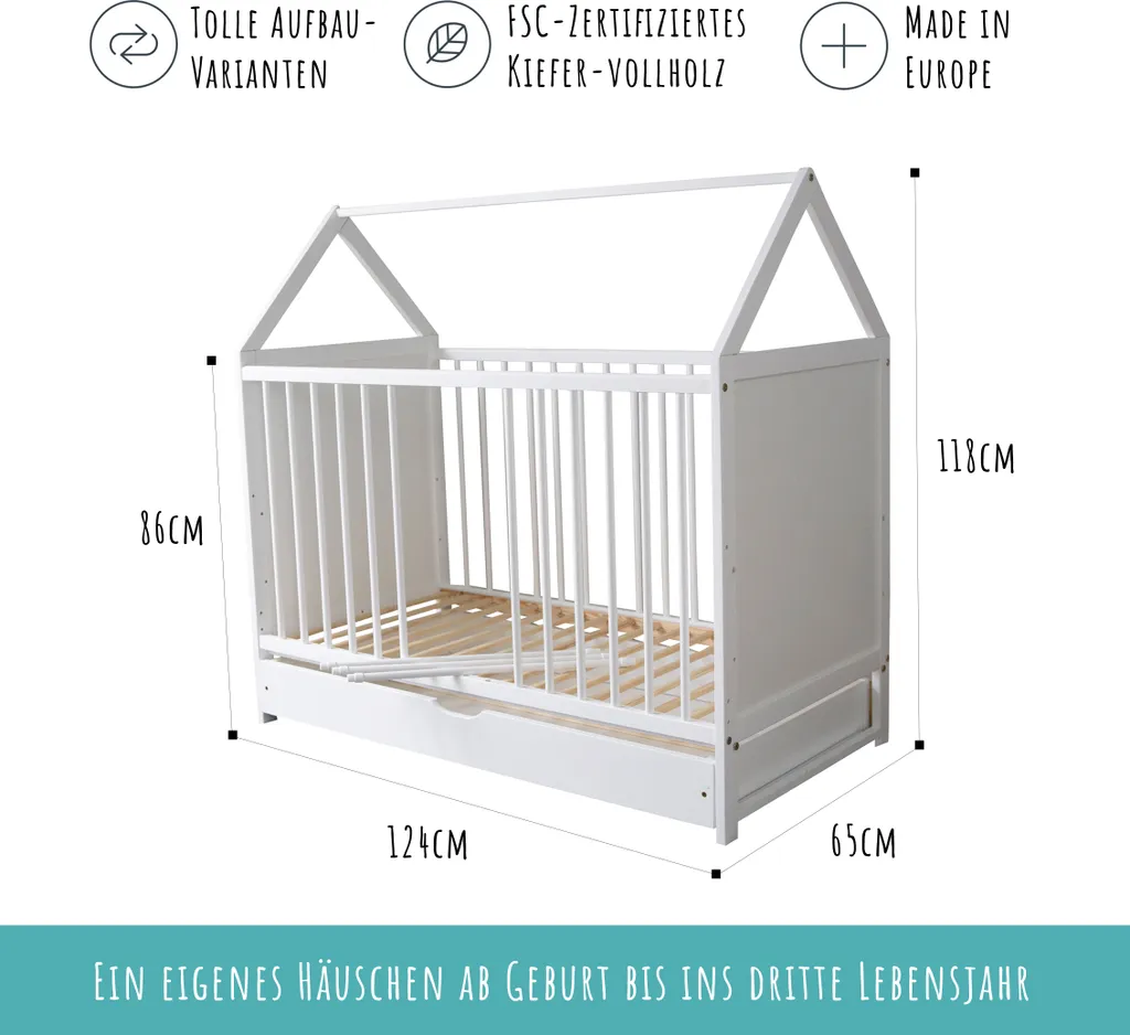 Lit bébé à barreaux 60x120 cm blanc réglable avec tiroir et évolutif