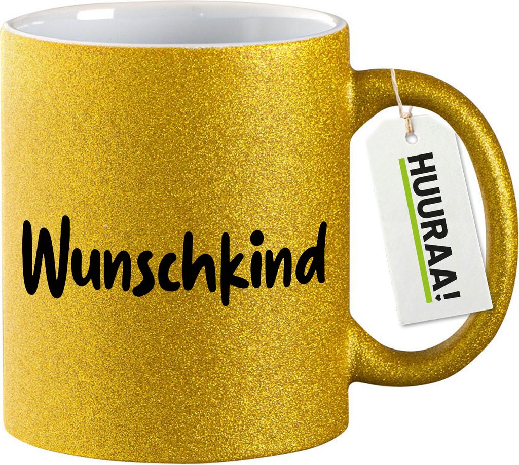 Huuraa Glitzertasse Wunschkind Schriftzug 330ml Gold Keramik Kaffeebecher Geschenkidee