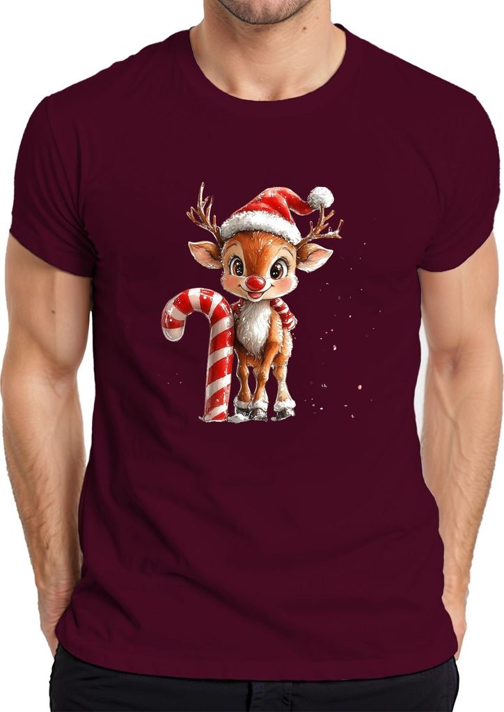 Weihnachten Niedliches Rentier Zuckerstange Geschenk Kinder Herren T-Shirt, Burgundy, S