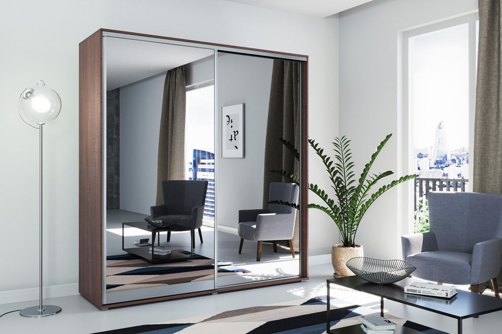 A1 Schlafzimmerschrank mit Zwei Schiebetüren, Spiegel, Kleiderstange und Regalen - für Garderobe, Schlafzimmer - Schokolade - 125 X 62 X 215 cm