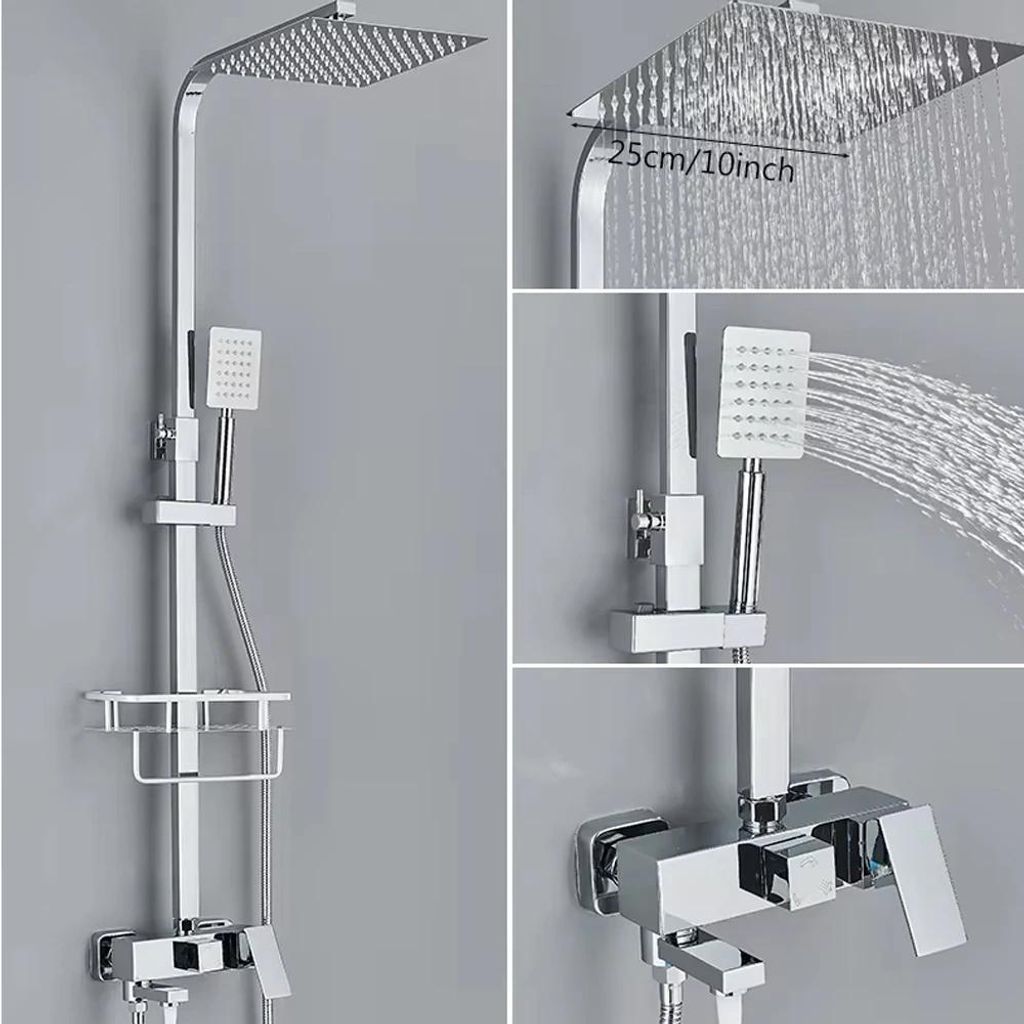 Duschsystem - Regendusche Mit Wannenarmatur - Drei-Wege - Kopfbrause 25 cm - Höhenverstellbare Stange - Einhebelmischer Warm/Kalt - Keramikkartusc...