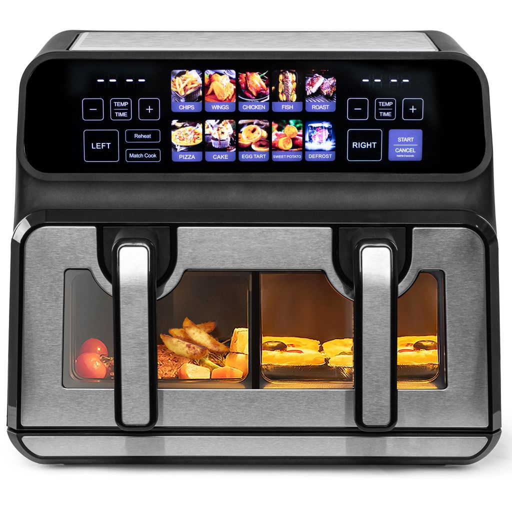 Sinaopus Heißluftfritteuse 9L Dual 2200W, Airfryer mit 2 Kammern, Sichtfenster, Farb-LED-Touchscreen, 10 Programme, Match-Cook, 360° Heißluft, f...