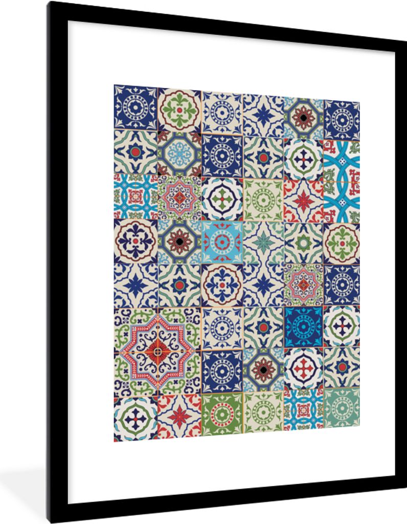 MuchoWow Gerahmtes Poster Blumen - Muster - Grün - Blau 60x80 cm - Poster mit Schwarzem Bilderrahmen Wandposter Rahmen Foto Bilder - Wohnzimmer ...