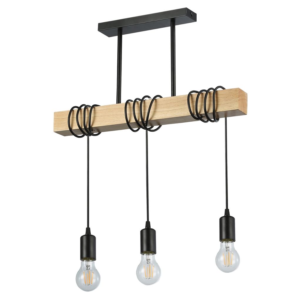 A three-bulb pendant light fixture with a wooden beam and black metal accents.