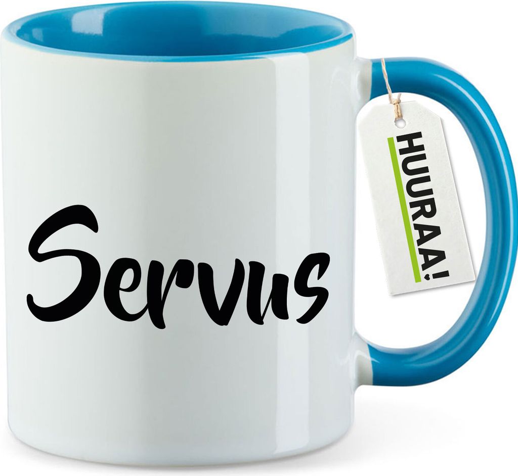 Huuraa Kaffeetasse Servus Schriftzug 330ml Blau Keramik Kaffeebecher Geschenkidee