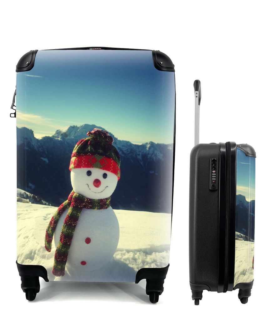 MuchoWow Koffer Handgepäck Trolley Rollkoffer Kleine Reisekoffer mit 4 Rollen - Schneemann mit Blick auf die Landschaft während der Weihnachtsz...