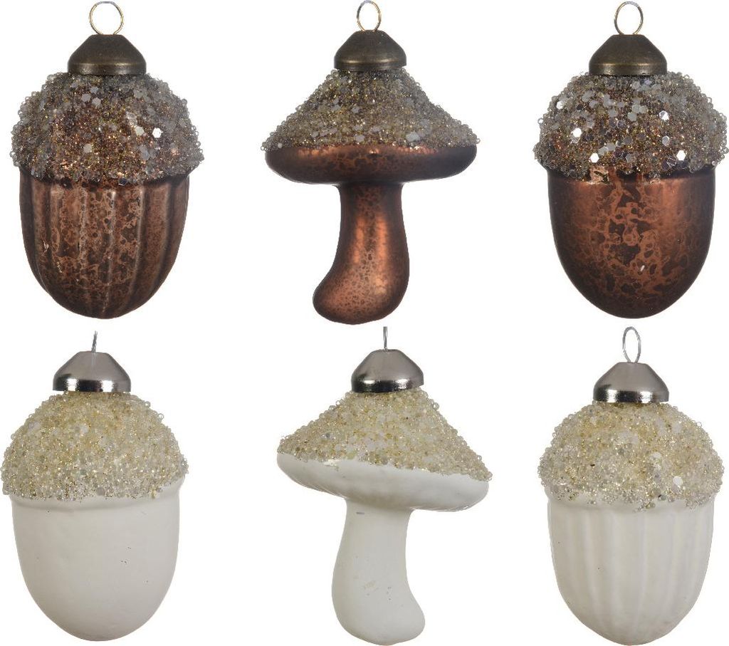 Christbaumkugeln Pilze und Eicheln braun und weiss - Glanz, Matt und Gitter, echt Glas, H.7.5cm D.6cm - 6er Set