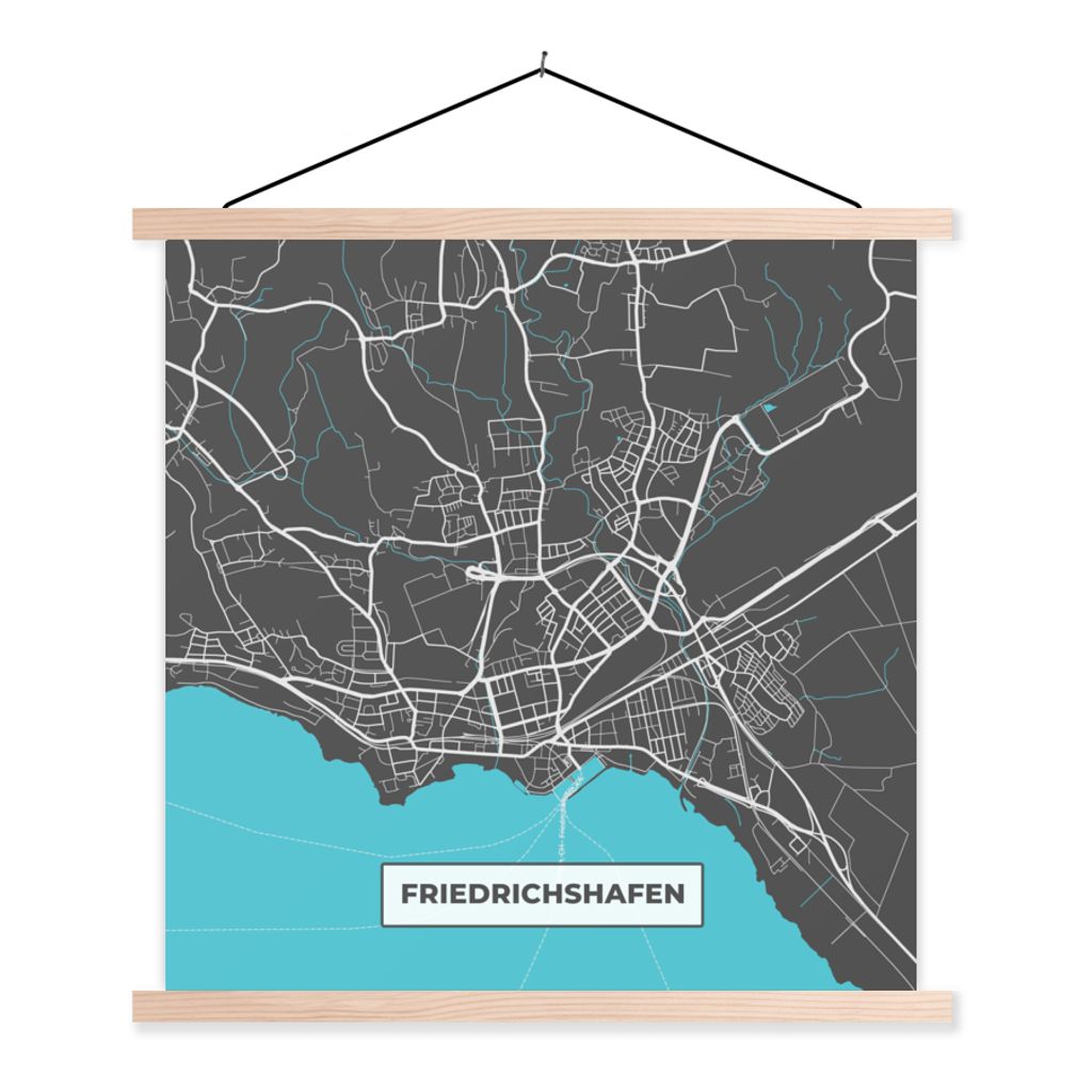 MuchoWow Textilposter Deutschland - Blau - Friedrichshafen - Stadtplan - Karte 40x40 cm mit holzfarbenen Rahmen - Posterleiste