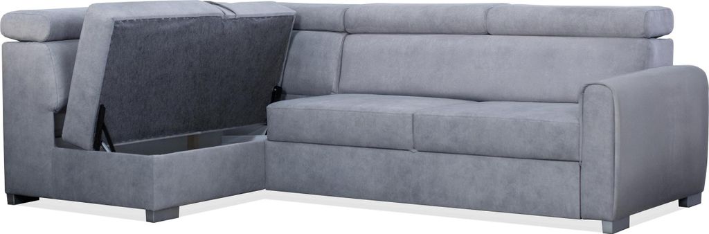 BETTSO Ecksofa COVO aus blauem Velours mit Schlaffunktion und verstellbaren Kopfstützen Links