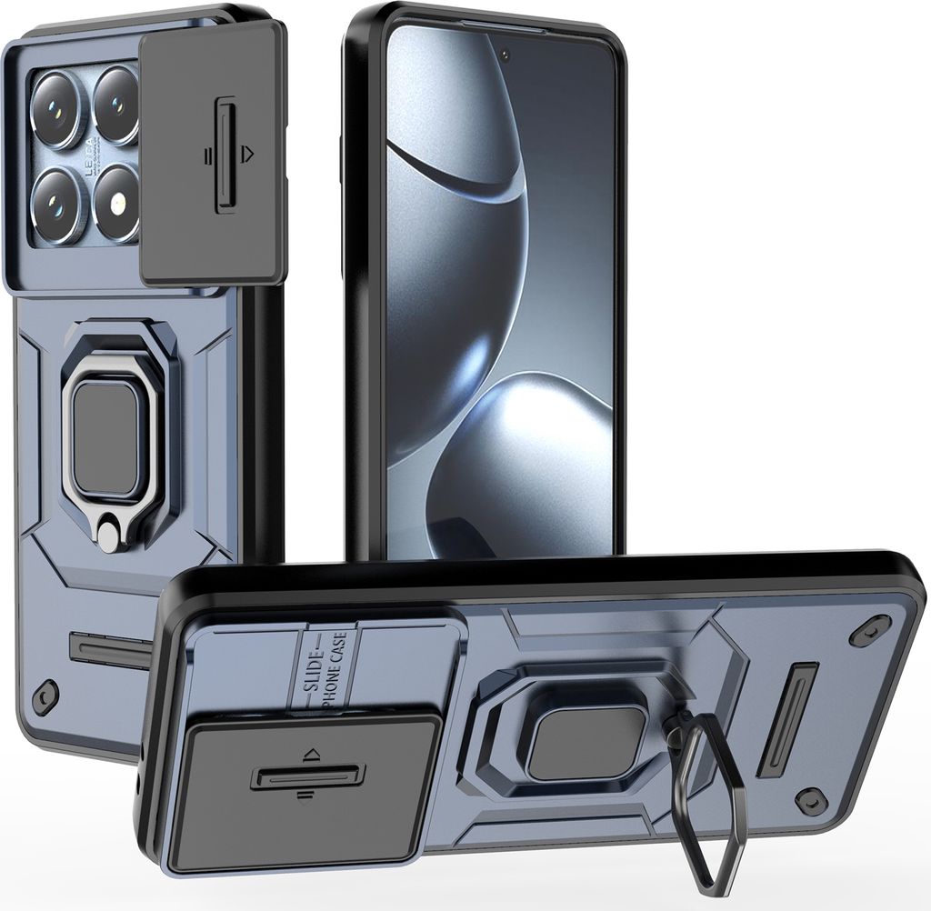 Hülle für Xiaomi 14T Pro Dual Layer Handyhülle Schiebe Kamera Schutz und Ringhalter Ständer Blau